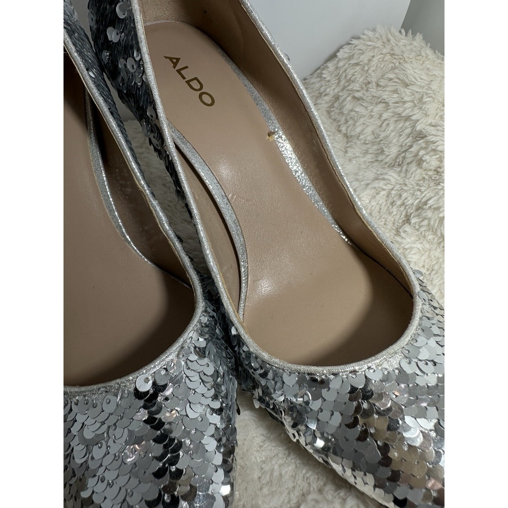 Aldo Pumps High Heels Stiletto Women's 7.5 Silver Sequin Shoes Cocktail Party - Picture 9 of 11